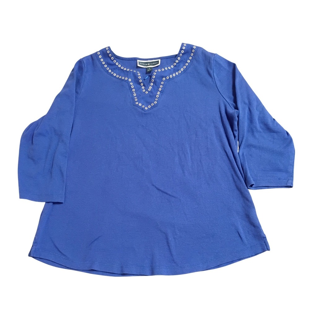 Karen Scott Grommet Split Neck Top Womens Large Blue 3/4 Sleeve Cotton 2